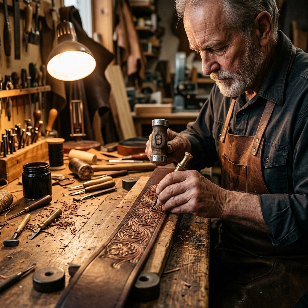 Zaid Yusuf hand carving floral pattern leather in workshop