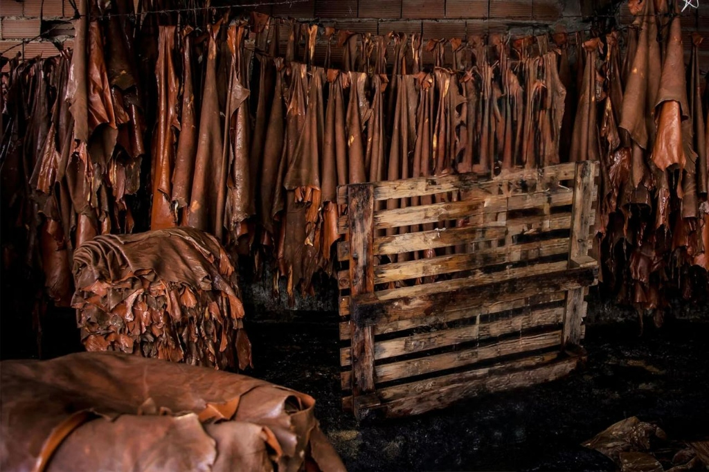 Raw leather hides stacked in tannery