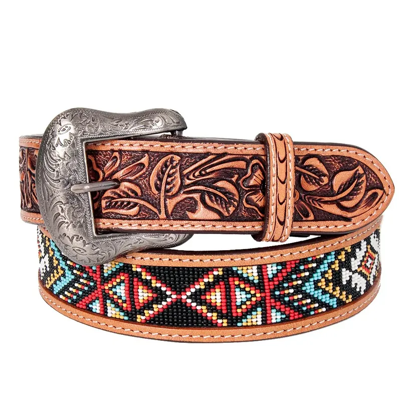 Handcrafted tooled leather belt with beadwork pattern
