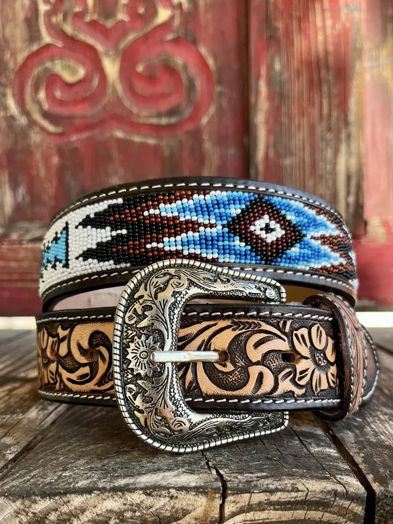 Handcrafted leather belt with intricate tooling and beadwork by HYDZ LEATHER